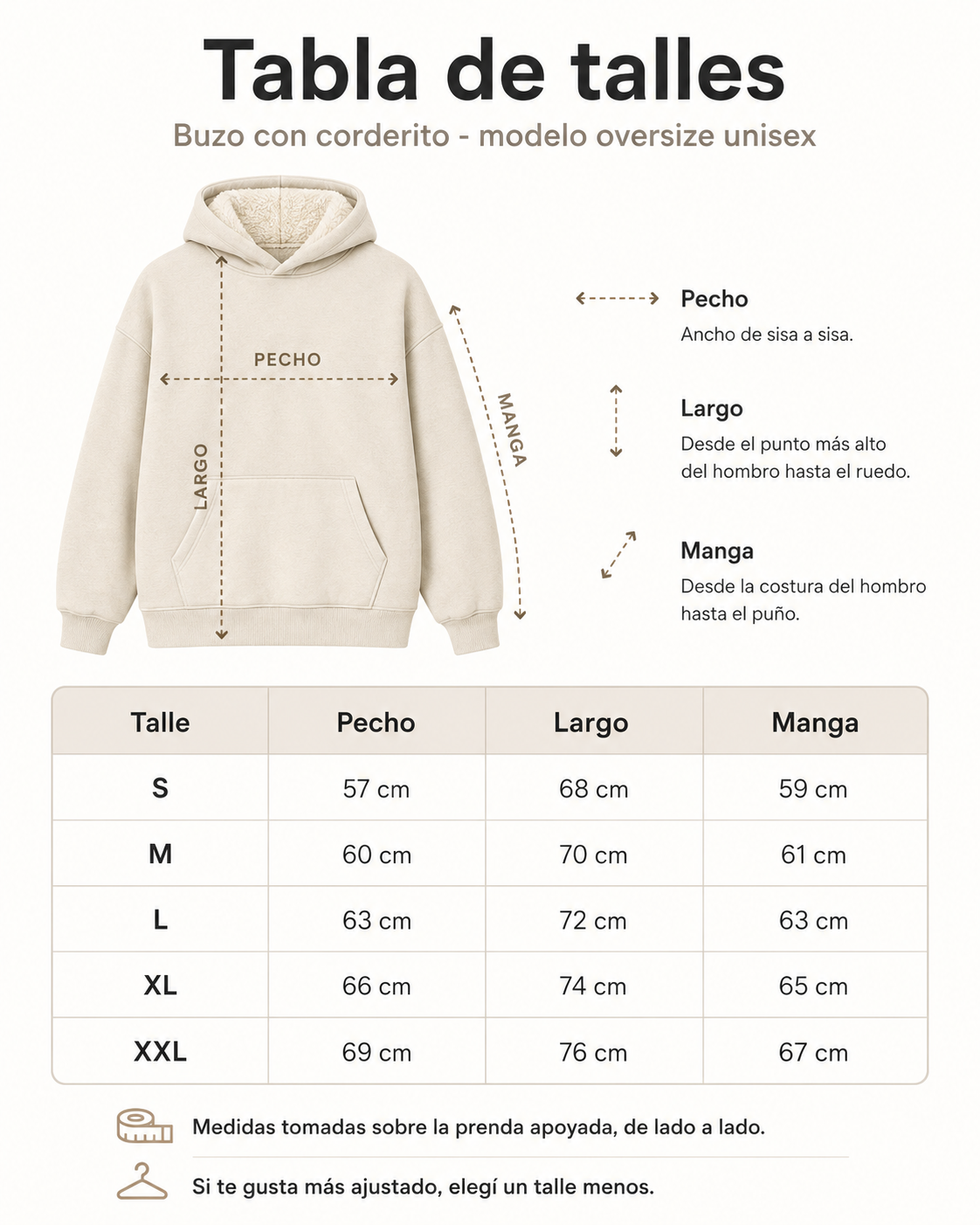 Tabla de talles del buzo corderito unisex